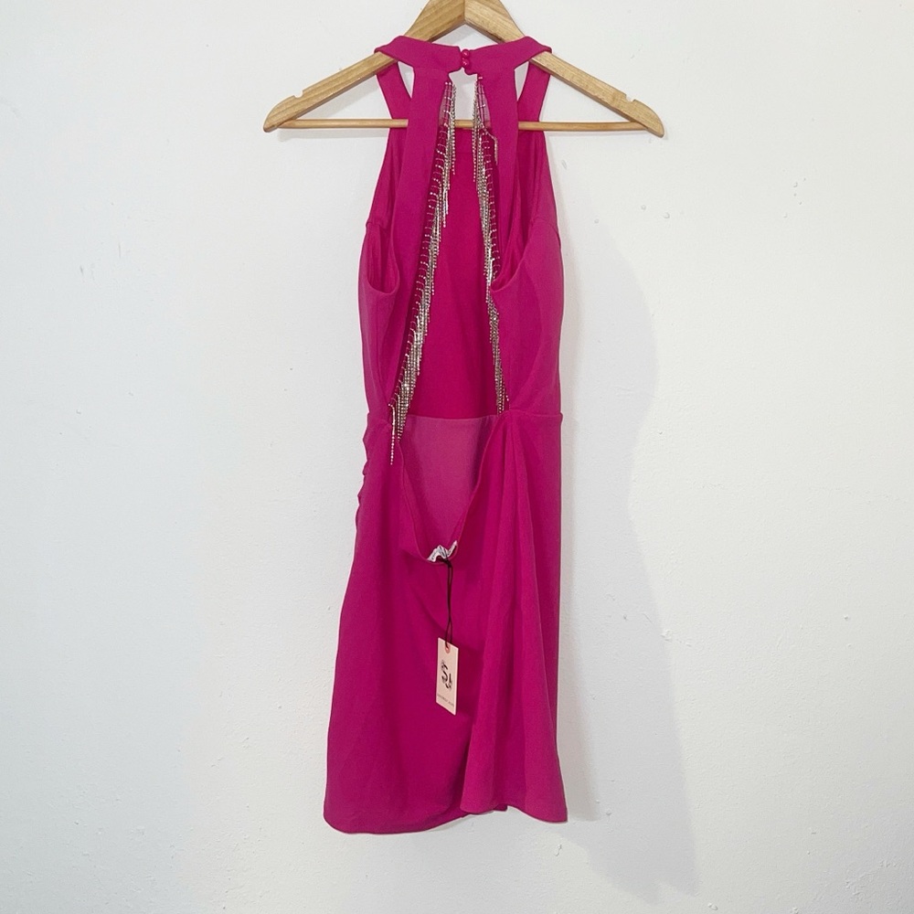 Sincerely Jules hot pink glitter fringe open back high neck mini dress - Picture 5 of 13